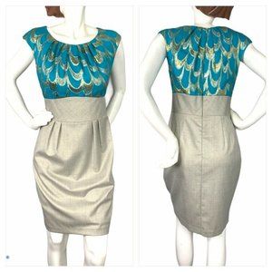 Trina Turk Cocktail Dress 6 Turquoise Gold Silver